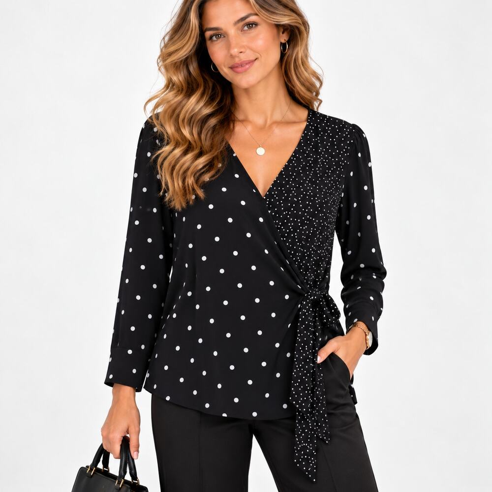 Susan Graver Liquid Knit Blouse Women's Size XL Black Polka-dot Office Casual